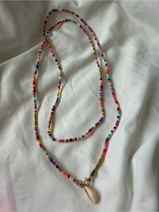 Handmade Jewelry - Handmade Multicolor Seed Bead Necklace with Shell Pendant